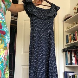 Blue and white polka dot off shoulder long line dress